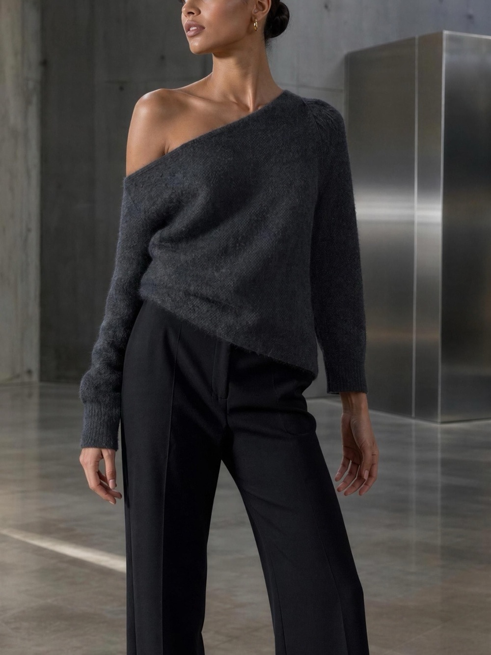 Zara Dark Charcoal Off-Shoulder Fuzzy Knit Sweater